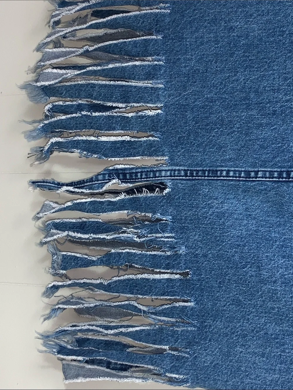 Frayed Hem Blue Denim Midi Skirt